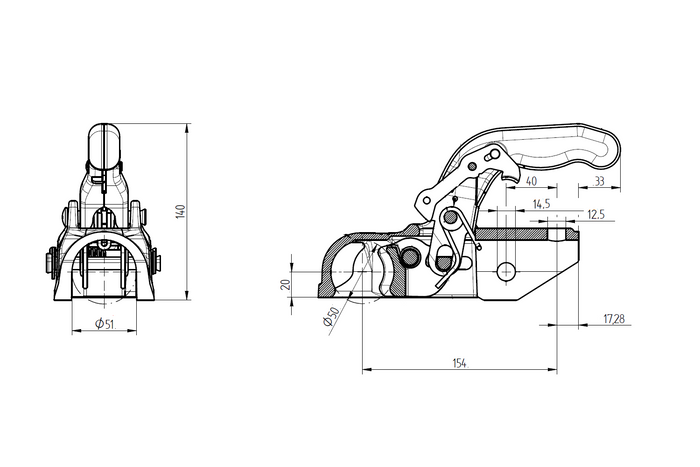 Enganche de bola KNOTT K35-A para remolque de 3500 kg con barra de tiro de tubo de 50 mm, hierro fundido