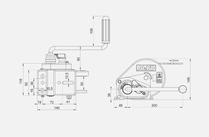 Cabrestante, cabrestante manual para grúa remolque AL-KO de 450kg con correa de 6m, freno y desenrollado automático
