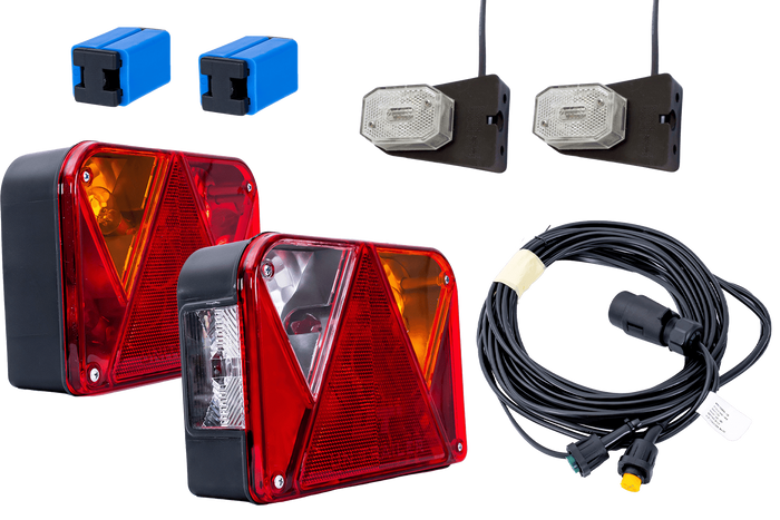 Juego de luces: luces traseras DOBPLAST DPT35 + luces de posición laterales ASPÖCK FLEXIPOINT I + arnés MANTES 4,5 m 7PIN