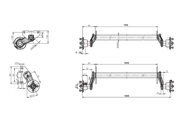 Eje sin freno KNOTT VG7-L para remolque de barco 750 kg 1094 mm 1406 mm 4x100