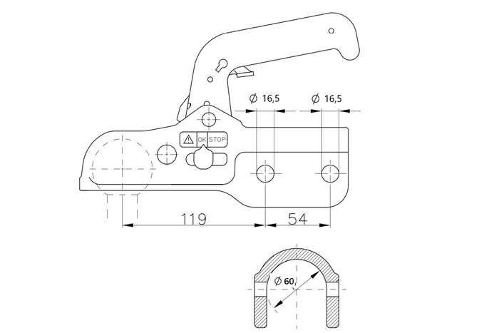 Enganche de bola WINTERHOFF WW 350-RCH-1616 para remolque de 3500 kg con barra de tiro de tubo de 60 mm, hierro fundido.