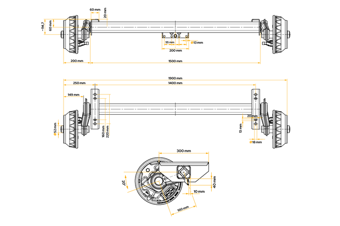 Eje con freno KNOTT VGB18MV para remolque/transportador 1800 kg 1400 mm 1900 mm 5x112