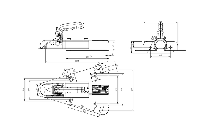 Enganche de bola KNOTT K7.5-H+KZE7.5 para remolque de 750 kg con barra de tiro tipo V.
