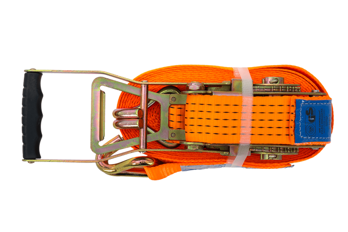 Cinta transportadora UNITRAILER ERGO de 10 m/50 mm/5 t de color naranja con tensor.