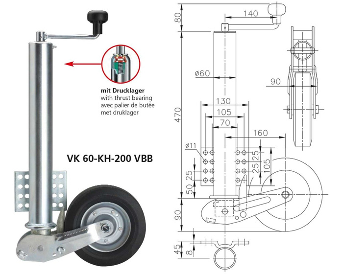 Rueda jockey automática WINTERHOFF VK60-KH-200VBB con manija 250 kg 60 mm