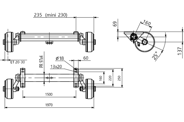 AL-KO COMPACT eje frenado para remolque / grúa 1600kg 1500mm 1970mm 5x140