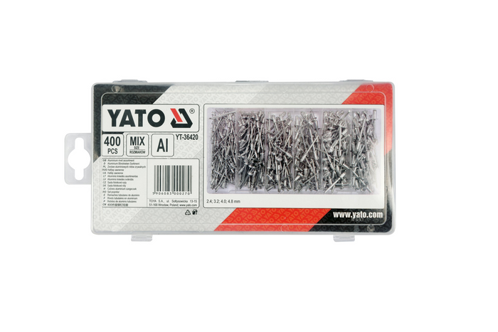 Juego de remaches ciegos YATO YT-36420, surtido de tamaños, 400 piezas.