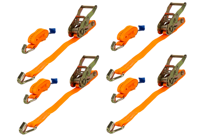 Juego de cuatro correas de transporte UNITRAILER de 6 m/25 mm/1 t de color naranja con tensor.