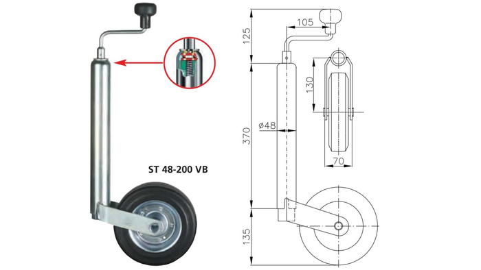 Rueda jockey con abrazadera WINTERHOFF ST48-200VB+KLE48 150kg 48mm 505-725mm