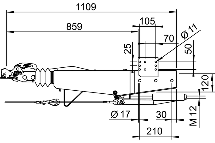 Dispositivo de inercia AL-KO 2.8VB1 con enganche AK351 para remolque de 3500 kg con lanza cuadrada