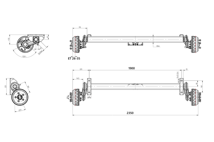 Eje con freno KNOTT VGB13M para remolque/portacoches 1350 kg 1900 mm 2350 mm 5x112