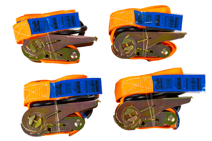 Juego de cuatro correas de transporte UNITRAILER de 4 m/25 mm/0,68 t de color naranja con tensor, en maleta.
