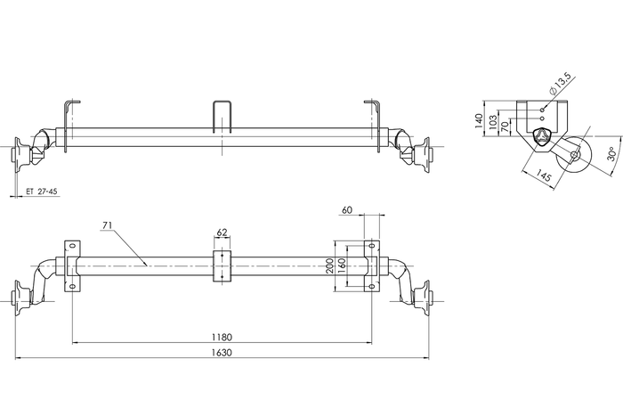 AL-KO OPTIMA eje sin freno para remolque 750kg 1180mm 1630mm 4x100