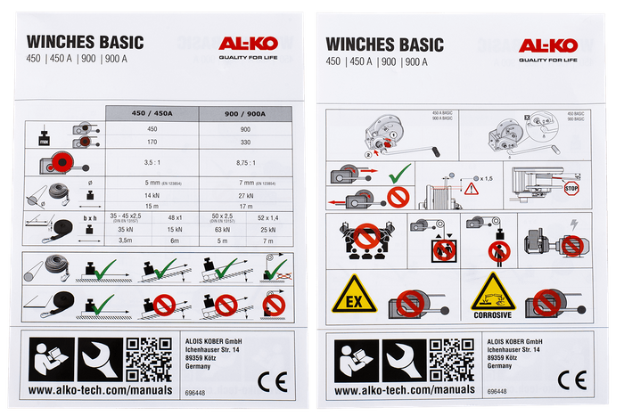 Cabrestante, cabrestante manual para grúa remolque AL-KO de 450kg con correa de 6m, freno y desenrollado automático