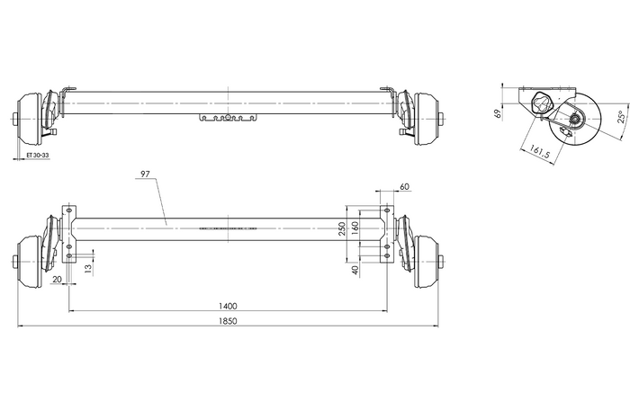 AL-KO COMPACT eje frenado para remolque / grúa 1350kg 1400mm 1850mm 5x112