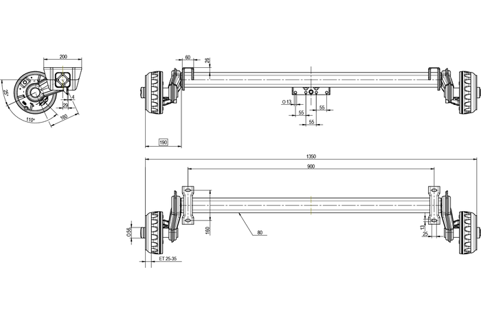 KNOTT VGB13M eje frenado para remolque / grúa 1350kg 900mm 1350mm 5x112