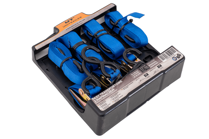 Juego de cuatro correas de transporte UNITRAILER con tensor, 4 m/25 mm/0,68 t, color azul