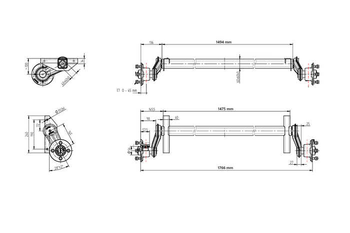 Eje sin freno KNOTT VG7-L para remolque de barco 750 kg 1475 mm 1766 mm 4x100