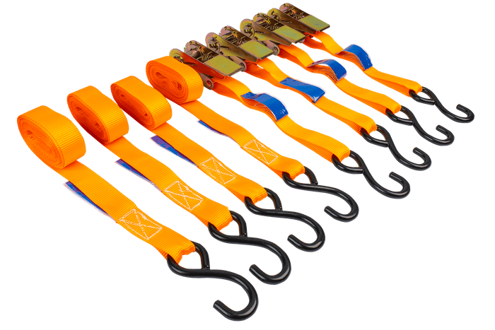 Juego de cuatro correas de transporte UNITRAILER de 4 m/25 mm/0,68 t de color naranja con tensor, en maleta.