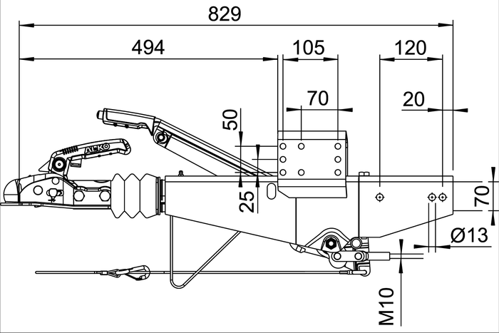 Dispositivo de inercia AL-KO 161S con enganche AK161 para remolque de 1600 kg con lanza cuadrada