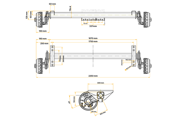 Eje con freno KNOTT VGB13-M para remolque/transportador 1350 kg 1750 mm 2250 mm 5x112