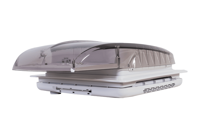 Ventilador de techo automático PUNDMANN PLUS FAN para autocaravana con iluminación y persiana enrollable de 400×400 mm.