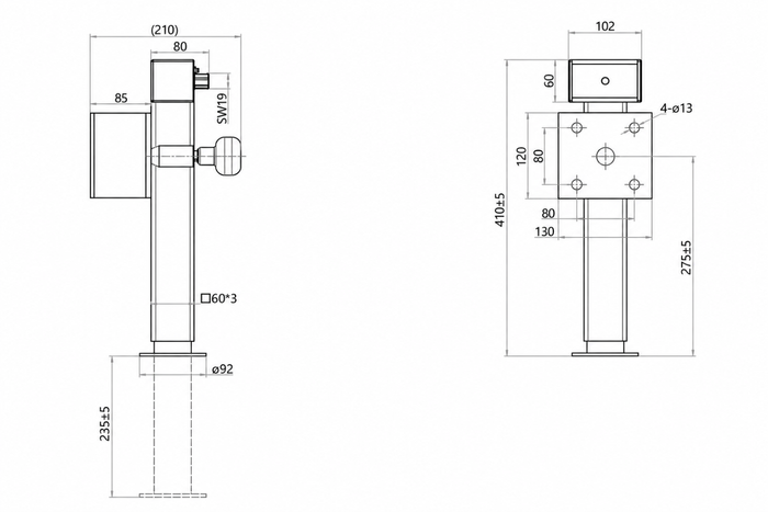 Soporte de manivela extensible UNITRAILER JL2 para remolque de plataforma plana de 1300 kg, 410-645 mm