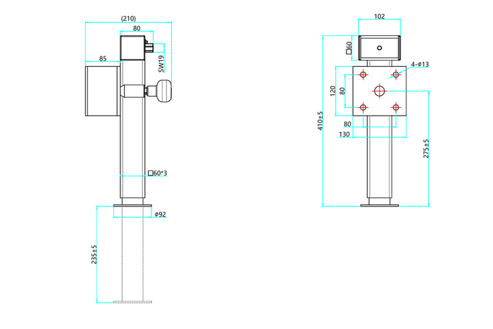 UNITRAILER D-110.000.049 Soporte de manivela extensible para remolque de plataforma plana de 1300 kg, 410-645 mm