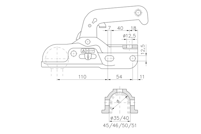 Enganche de bola WINTERHOFF WW 30-K+Z para remolque de 3000 kg con barra de tiro de tubo de 35-51 mm, hierro fundido.