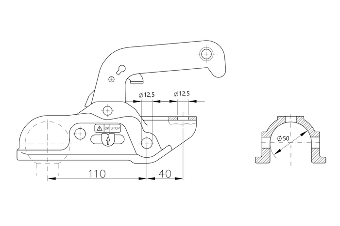 Enganche de bola WINTERHOFF WW 30-D3-K1212 para remolque de 3000 kg con barra de tiro de tubo de 50-51 mm, hierro fundido.