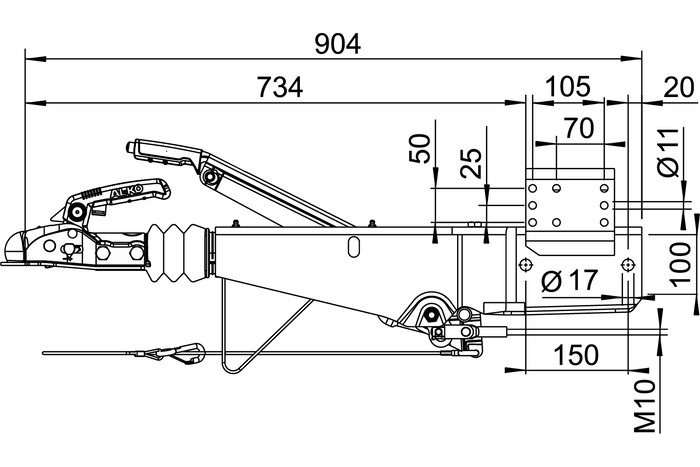 Dispositivo de inercia AL-KO 161S con enganche AK161 para remolque de 1600 kg con lanza cuadrada