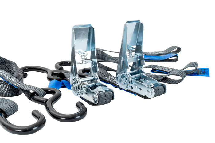 Juego de dos correas de transporte HILLS 3m/25mm/1t con tensor y dos arneses de 0,45m para la sujeción de la motocicleta