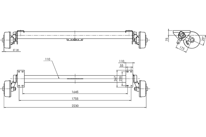 AL-KO EURO eje con freno para remolque de barco 1800kg 1645/1755mm 2230mm 5x112