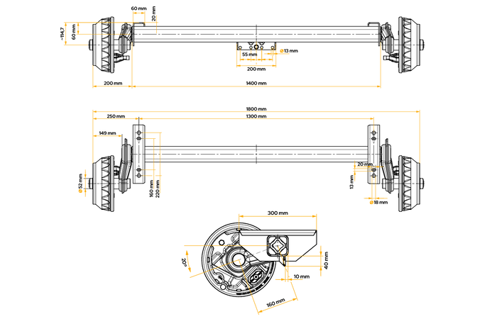Eje con freno KNOTT VGB18MV para remolque/transportador 1800 kg 1300 mm 1800 mm 5 x 112