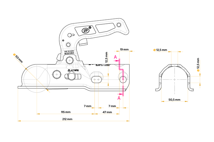 Enganche de bola STEELPRESS BC-1200C para remolque de 1200 kg con barra de tiro tubular de 50 mm