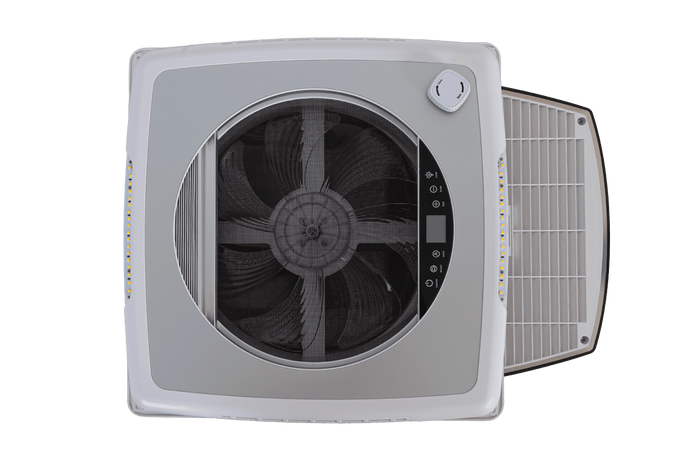 Ventilador de techo automático PUNDMANN PLUS FAN para autocaravana con iluminación y persiana enrollable de 400×400 mm.