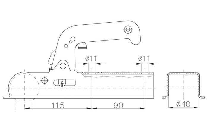 Enganche de bola CHOOYO JD.00.53.008 para remolque de 800 kg con barra de tiro cuadrada de 40 mm