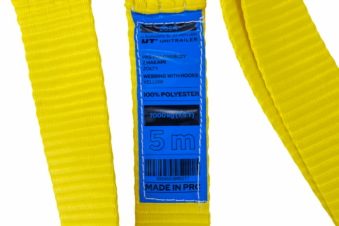 Cuerda de remolque con ganchos UNITRAILER correa de remolque 5m/50mm/7,5t amarilla