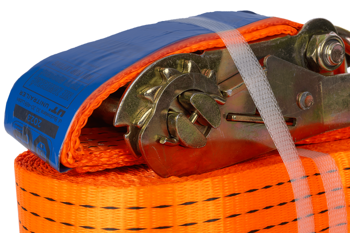 Juego de cuatro correas de transporte UNITRAILER de 12 m/50 mm/5 t de color naranja con tensor.