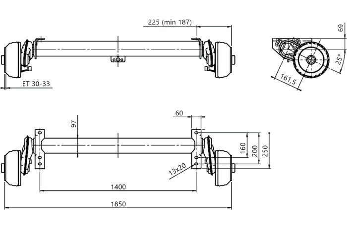 Al-Ko Eje de freno compacto para remolque / grúa 1350kg 1400mm 1850mm 5x112