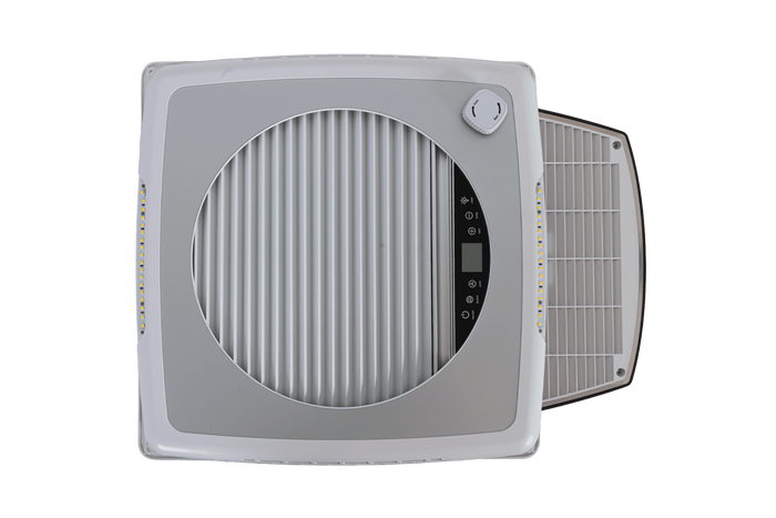 Ventilador de techo automático PUNDMANN PLUS FAN para autocaravana con iluminación y persiana enrollable de 400×400 mm.