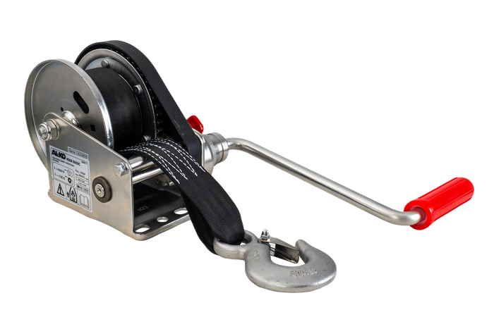 Cabrestante, cabrestante manual para grúa remolque AL-KO de 450kg con correa de 6m, freno y desenrollado automático
