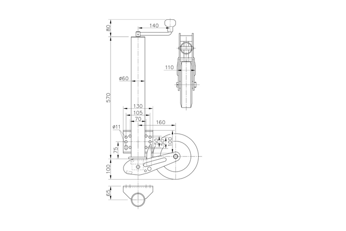 Rueda de apoyo automática WINTERHOFF VK 60-BLH-255 SB con asa, 500 kg, 60 mm, 670-905 mm