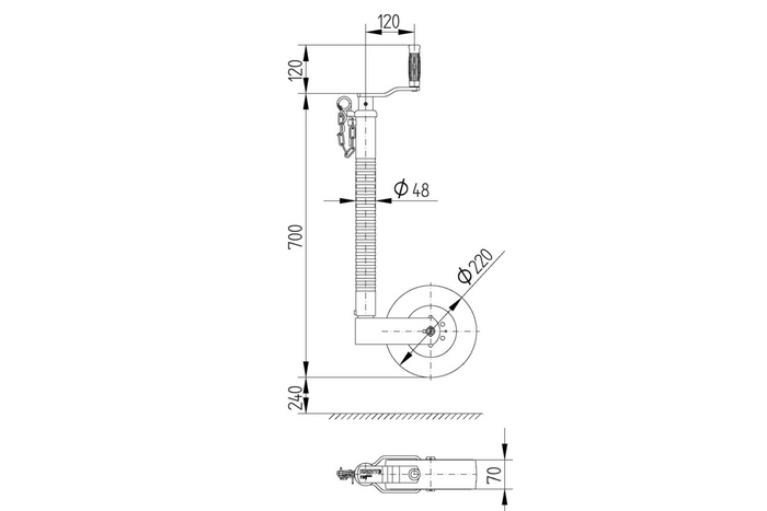 Rueda de apoyo KNOTT TK48, tubo corrugado, 300 kg, 48 mm, 700-940 mm