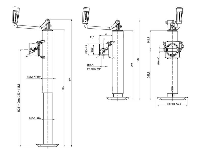 Soporte de manivela completo S.170033 + adaptador S.29317 SIMOL para remolque plataforma de 1300 kg