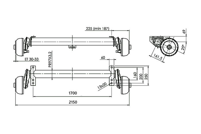 AL-KO COMPACT eje frenado para remolque / grúa 1350kg 1700mm 2150mm 5x112