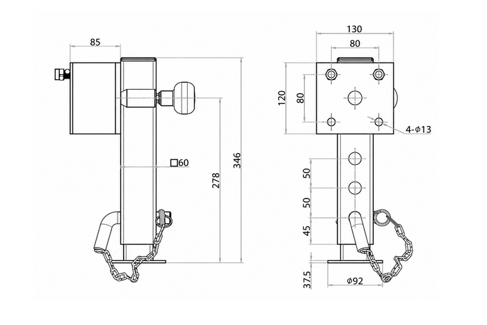 Soporte de manivela extensible UNITRAILER JL1 para remolque de plataforma plana de 1500 kg (346-576 mm)