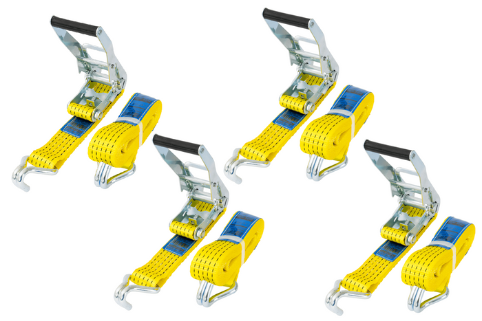 Juego de cuatro correas de transporte UNITRAILER amarillas de 8 m/50 mm/5 t con tensor.