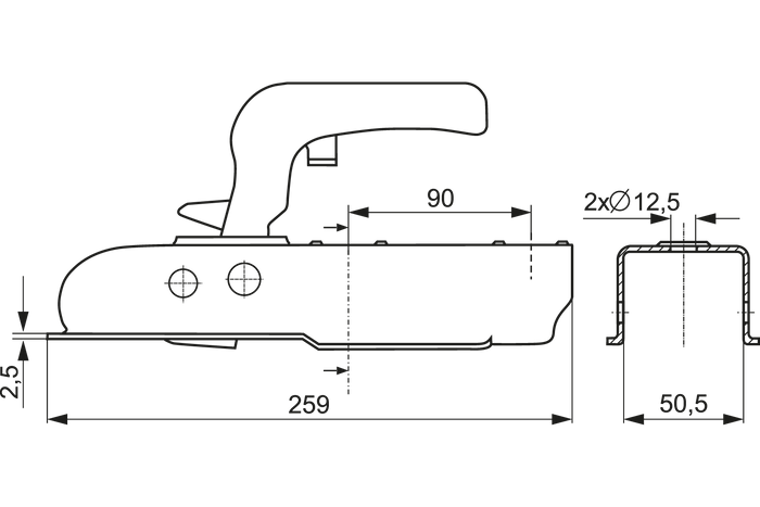 Enganche de bola STEELPRESS ZSK-0750H para remolque de 750kg con barra de tiro cuadrada de 50mm