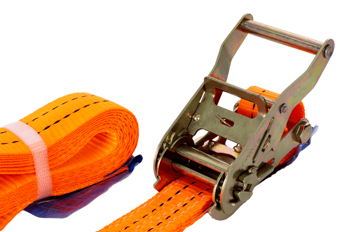 Juego de cuatro correas de transporte UNITRAILER de 3 m/35 mm/2 t de color naranja con tensor.